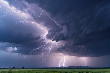An electrifying scene showing multiple lightning strikes and a massive storm cloud looming over a tranquil grassland
