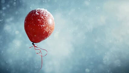 Red balloon floating with ribbon in snowy atmosphere - Powered by Adobe