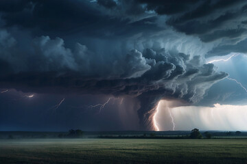 An expansive network of lightning branches across the sky above a darkened landscape during a severe storm