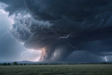 A powerful thunderstorm showcases an impressive cloud formation with lightning strikes visible in the background