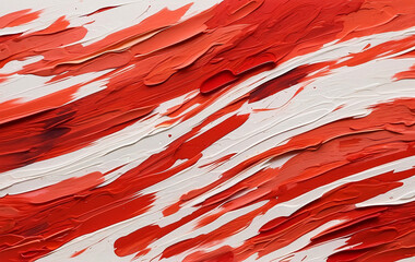 Close-up of abstract acrylic art with streaks of red and white paint creating a vibrant texture