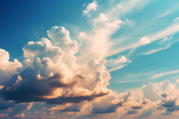 Picture of robust cumulus clouds set against a serene blue sky with soft sunlight filtering through