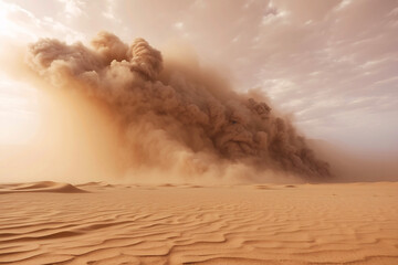 An overwhelming scene of a sandstorm rolling over desert dunes at dusk, highlighting nature's fury