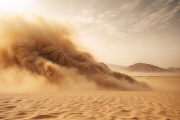 Vast sandstorm looming over desert dunes under a hazy sky, portraying an overpowering natural event