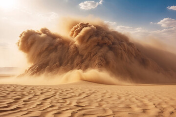 An awe-inspiring view of a massive sandstorm engulfing the sunlight over vast desert dunes, conveying nature's power