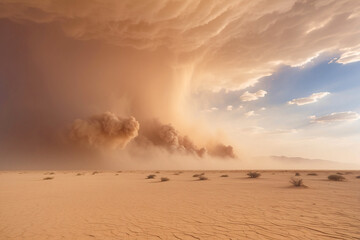 Dramatic scene as an epic sandstorm sweeps across a dry, cracked ground under a subdued sky