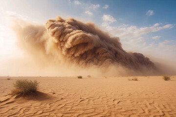 Captivating sight of a towering sandstorm rolling over the desert terrain, punctuated by sparse vegetation