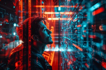 Man Analyzing Data in a Futuristic Server Room