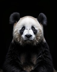 the Giant Panda , portrait view, white copy space on right Isolated on black background