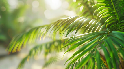 Lush Green Palm Leaves with Sunlight Filtering Through, Fresh and Bright Tropical Foliage