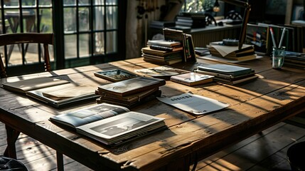 A large wooden table with books and magzine UHD wallpaper