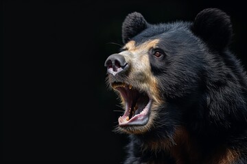 Mystic portrait of Spectacled Bear in studio, copy space on right side Isolated on black background