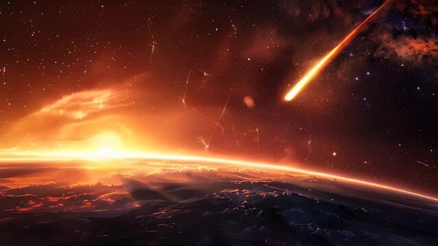 Meteor streaking across dramatic sky above illuminated planet horizon