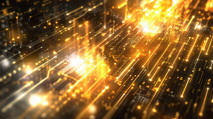Obraz premium A computer chip with a lot of glowing yellow and gold lines and dots