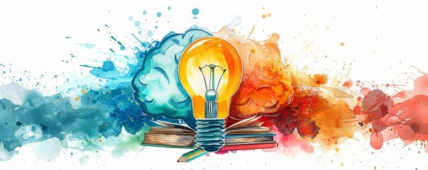 Brightly colored brain lightbulb with educational materials like books and stationery, emphasizing creative learning