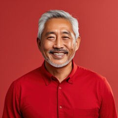 Red Background Happy asian man. Portrait of older mid aged person beautiful Smiling boy good mood Isolated on Background ethnic diversity equality acceptance concept with copyspace 