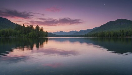 The image shows a peaceful lake at sunset with purple, pink, and blue water, trees, and mountains in the background.

