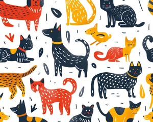 A seamless pattern with cartoon cats and dogs. The pattern is colorful and playful, with a variety of different breeds of cats and dogs.