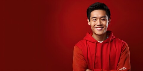 Red Background Happy asian man realistic person portrait of young teenage beautiful Smiling boy good mood Isolated on Background ethnic diversity equality acceptance concept with copyspace 
