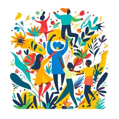 A group of diverse people are dancing and celebrating in a colorful garden