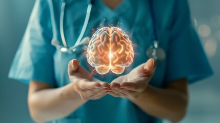 A medical professional in scrubs holding a glowing brain, symbolizing medical technology, neuroscience, and advanced healthcare.