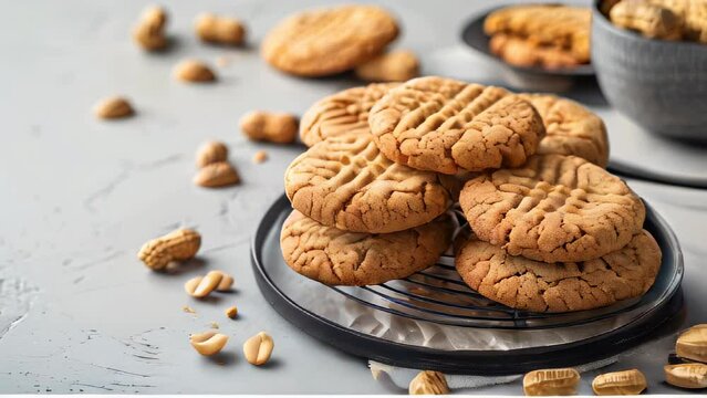 Peanut butter cookies on cooling rack with peanuts scattered