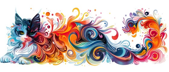 An abstract painting of a cat, with vibrant colors and a fluid, painterly style