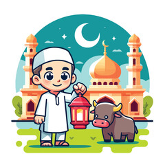 Cartoon of a Muslim boy holding an Islamic lantern with a sacrificial buffalo in a mosque