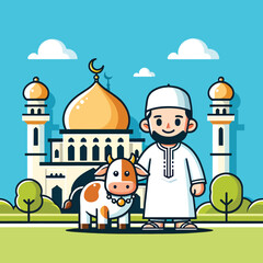 Cartoon of a Muslim person with a sacrificial cow in a mosque
