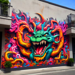 chinese dragon graffiti on wall