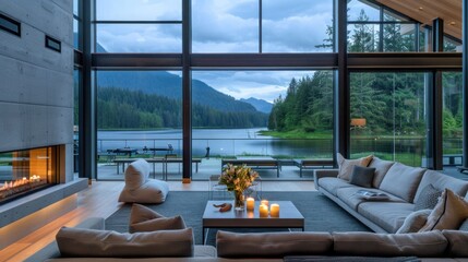 Fototapeta premium Modern Sophistication: Living Room with Forest and Lake View