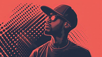A stylish black Afro man in hat and glasses poses against a vibrant red backdrop