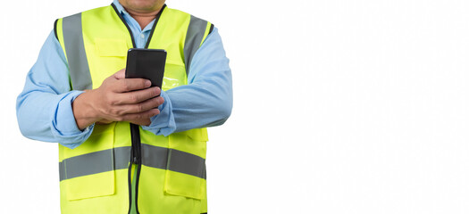 Civil engineer architect Using a smartphone to communicate and give orders to the construction team, Engineer building concept, Background for construction, Technology to construction.