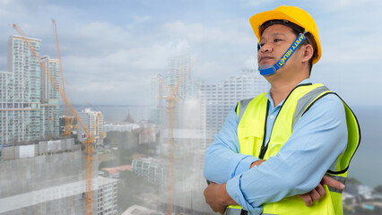 Civil engineer architect standing holding a safety helmet on construction site background, Construction site plans to build high-rise buildings, Engineer building concept, Background for construction.