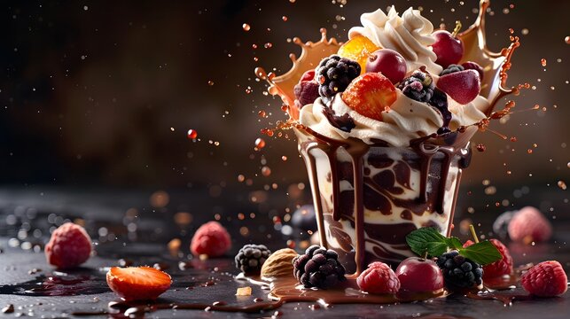 an image of the most delicious ice cream cup with chocolate, fruits and berries in which it is melting like crazy