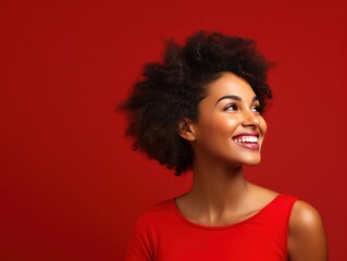 Red background Happy black independant powerful Woman realistic person portrait of young beautiful Smiling girl Isolated on Background ethnic diversity equality acceptance concept 