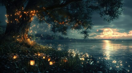 A beautiful landscape of a lake at night