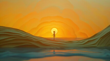 A painting of a lonely figure standing on a beach at sunset