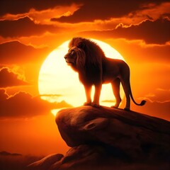 An image of a lion standing on a rock with an sunset behind it