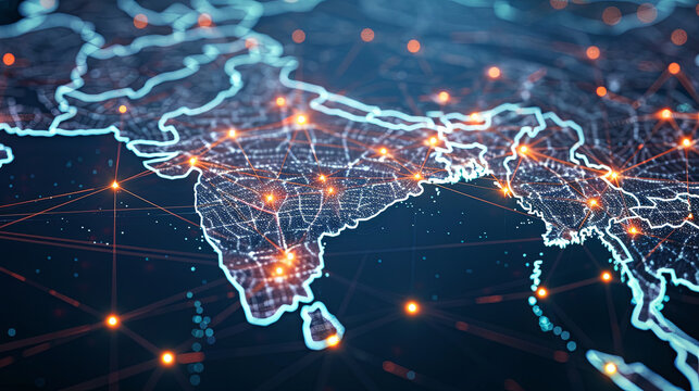 Abstract network grid with data transfer lines and nodes on indian map