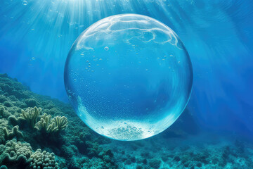 Water bubble blue oxygen air, in underwater clear liquid with bubbles flowing up on the water, on a blue nature background.