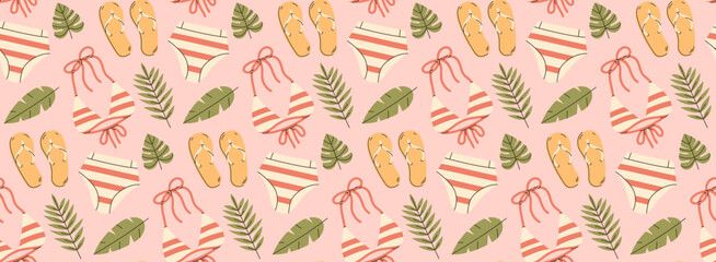 Swimsuit with flip flops repeating pattern. Beach stuff background.
