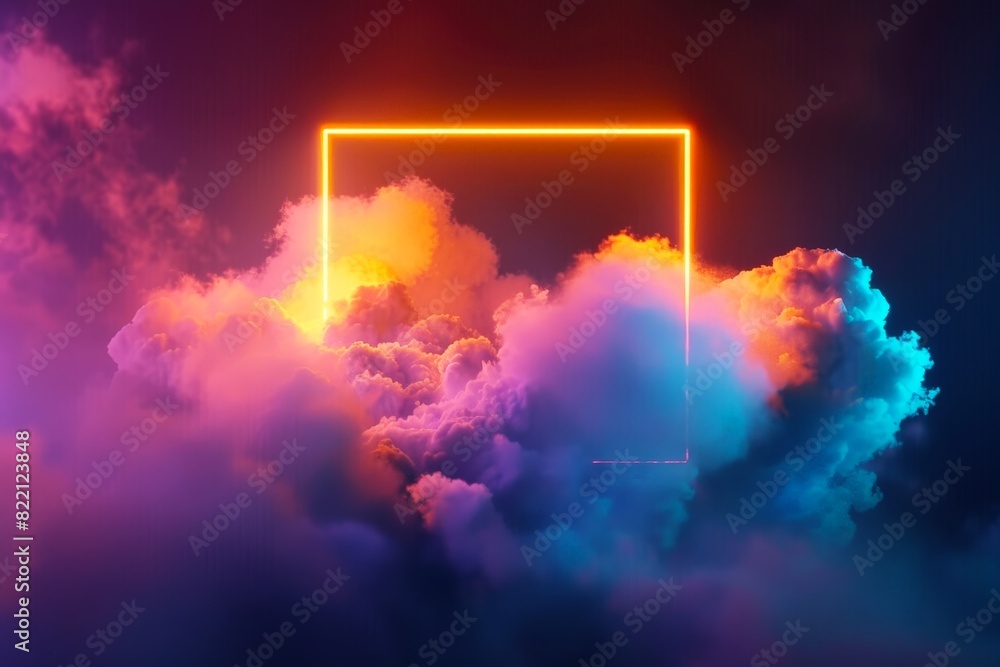 Poster abstract neon illuminated square frame surrounded by clouds, copy space concept