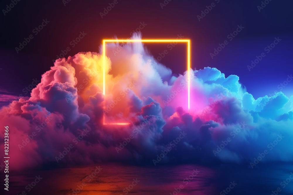 Aufkleber abstract neon illuminated square frame surrounded by clouds on dark background