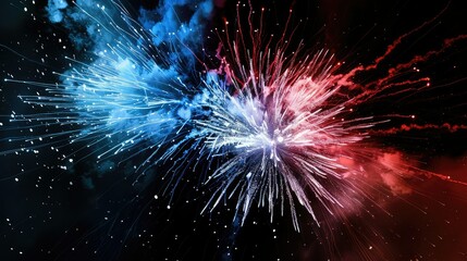 Fototapeta premium Fireworks of blue and red colors are exploding in the black sky.