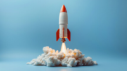 A red and white rocket blasting off into the sky, leaving a trail of smoke behind as it ascends into space.