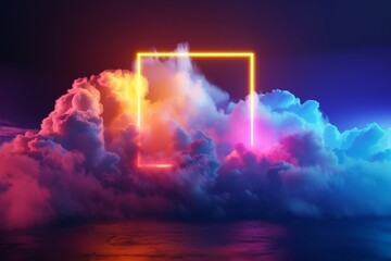 abstract neon illuminated square frame surrounded by clouds on dark background
