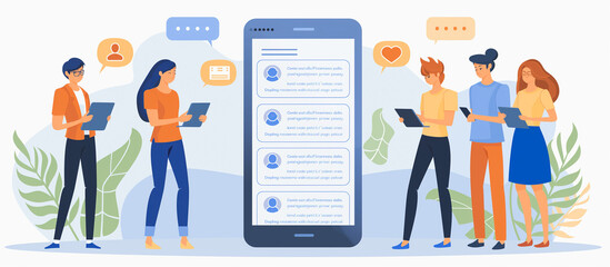 A group of people are looking at a phone screen with a lot of text on it. Scene is busy and social, as the people are all looking at the same thing and possibly discussing it