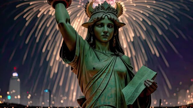 Statue of Liberty on the background of a firework. Generative AI