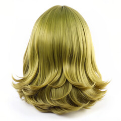 Naklejka premium The image features the back of a olive wig with long layers and a center part. The wig has a natural look with olive hues and appears to be made of synthetic fibers. The background is white 
